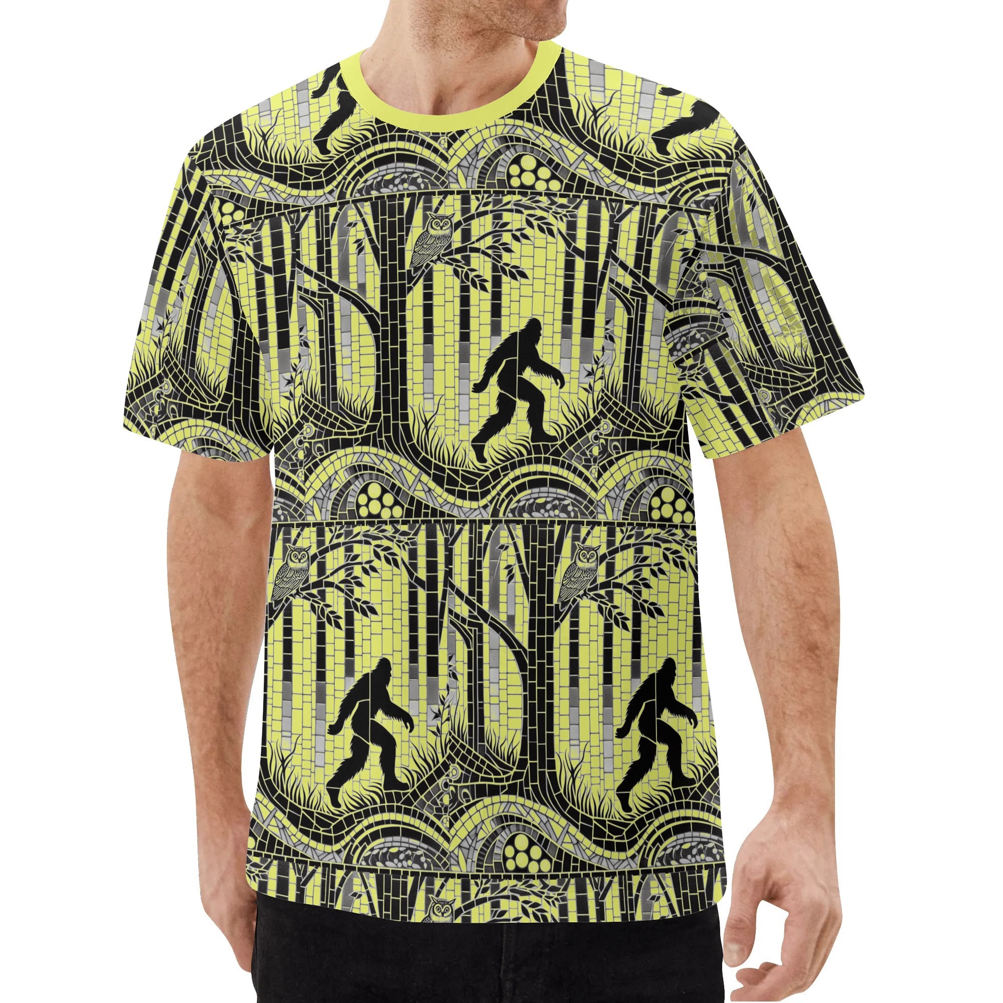 Yellow shirt with a tiled Sasquatch mosaic print