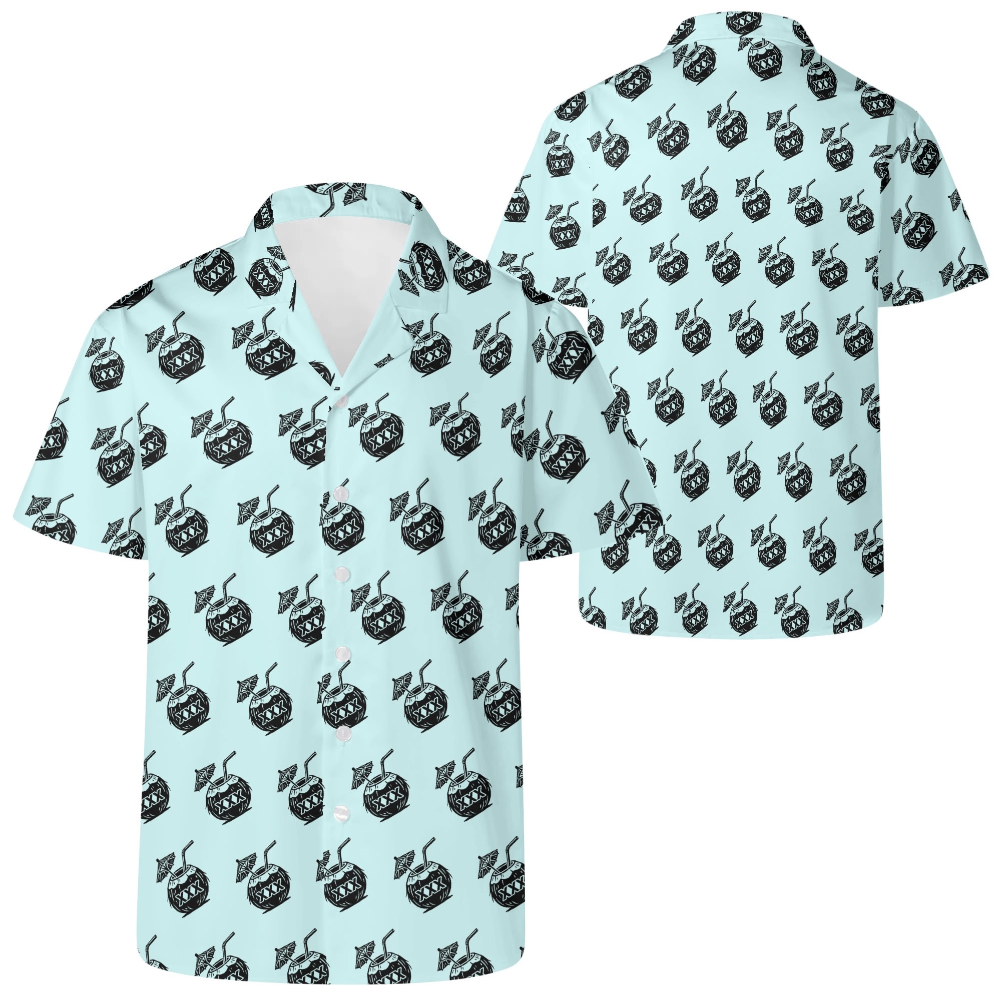 Button-up Hawaiian shirt with the CoconutsAndRum coconuts and rum print