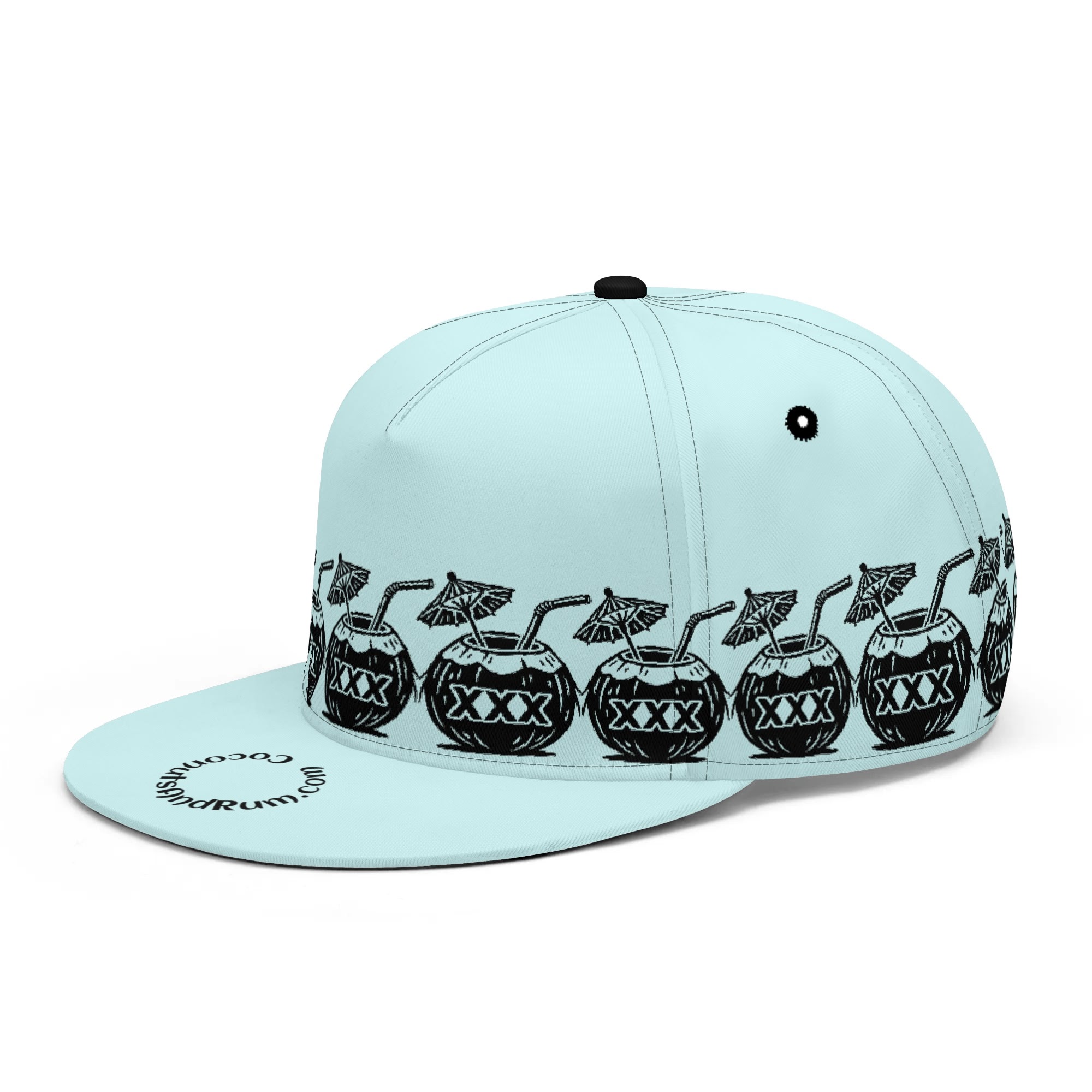 Blue ringer-style ball cap with the CoconutsAndRum logo