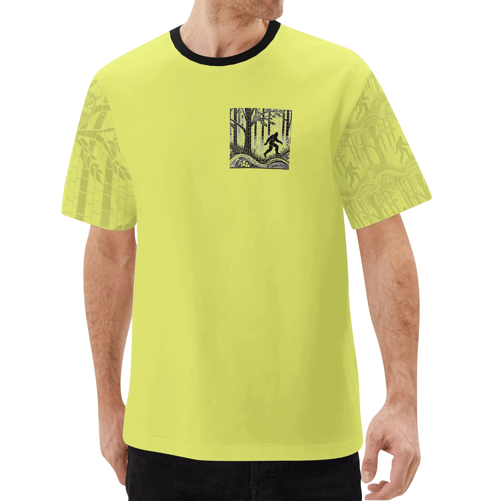 Yellow T-shirt with a Sasquatch lemon mosaic print