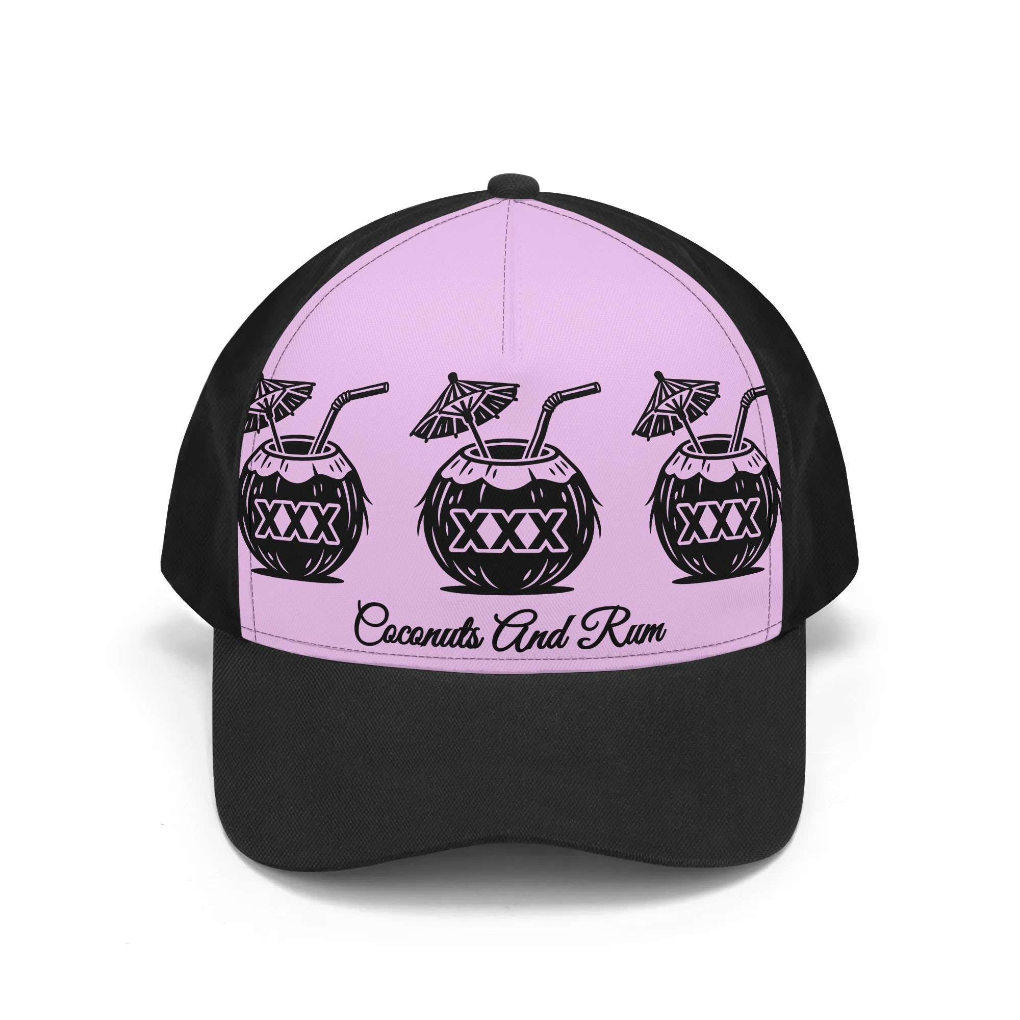 Pink and black trucker hat with the CoconutsAndRum logo