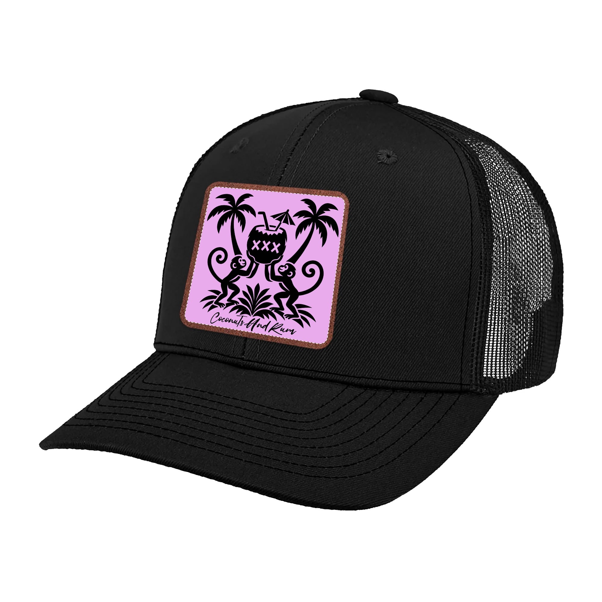 Black snapback hat with a pink 2 Monkeys leather patch