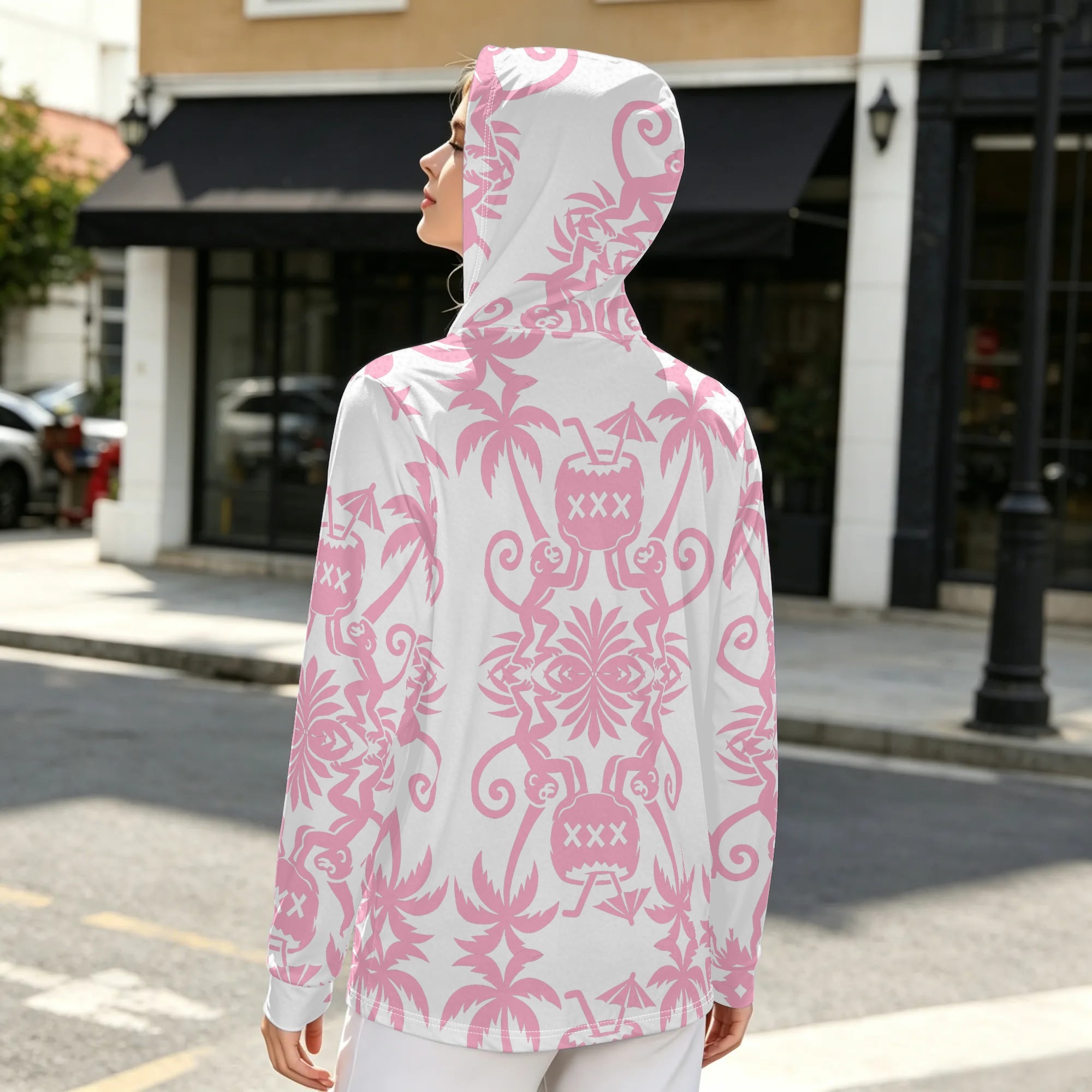 White unisex UV sun hoodie with the pink 2 Monkeys design