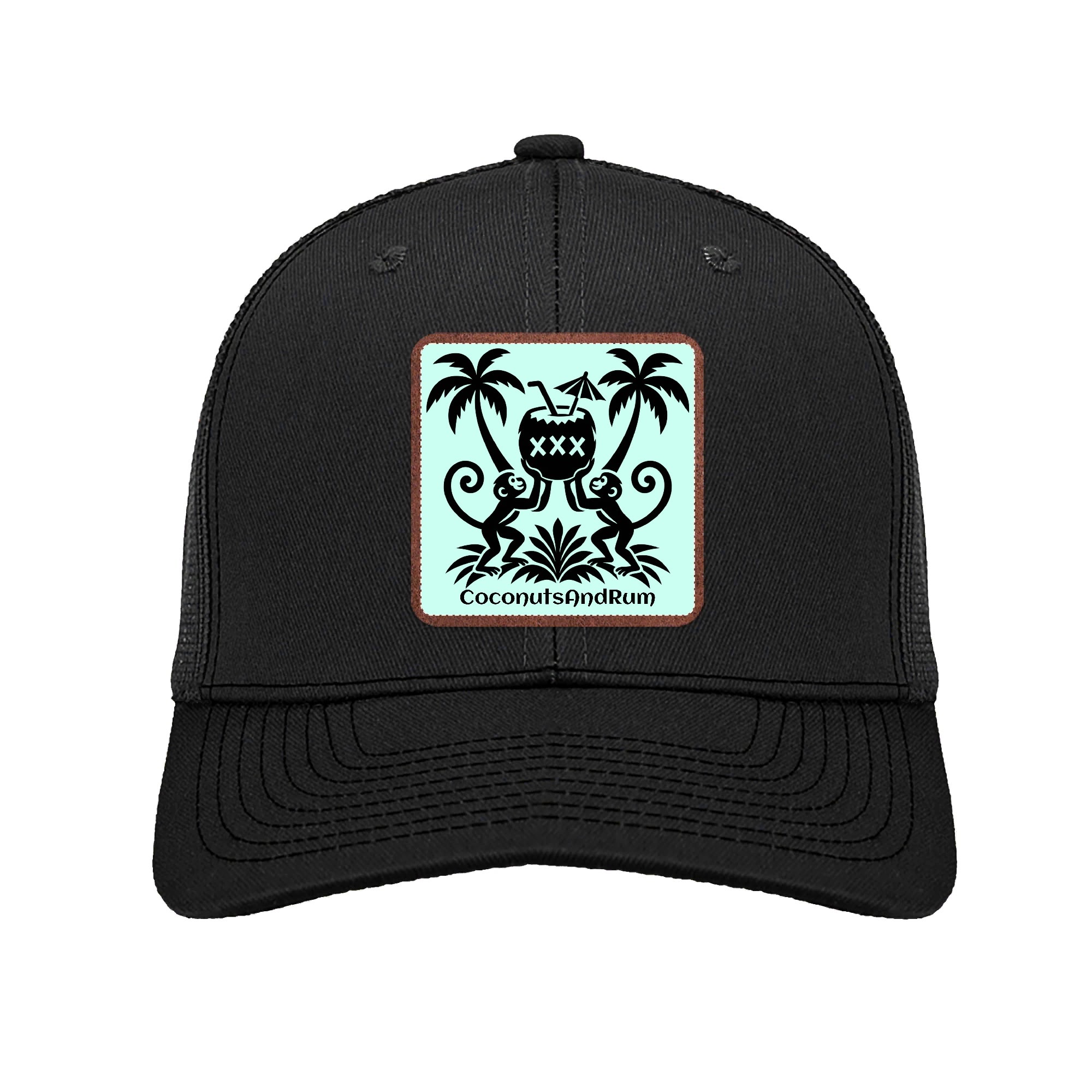 Black snapback hat with a blue 2 Monkeys leather patch