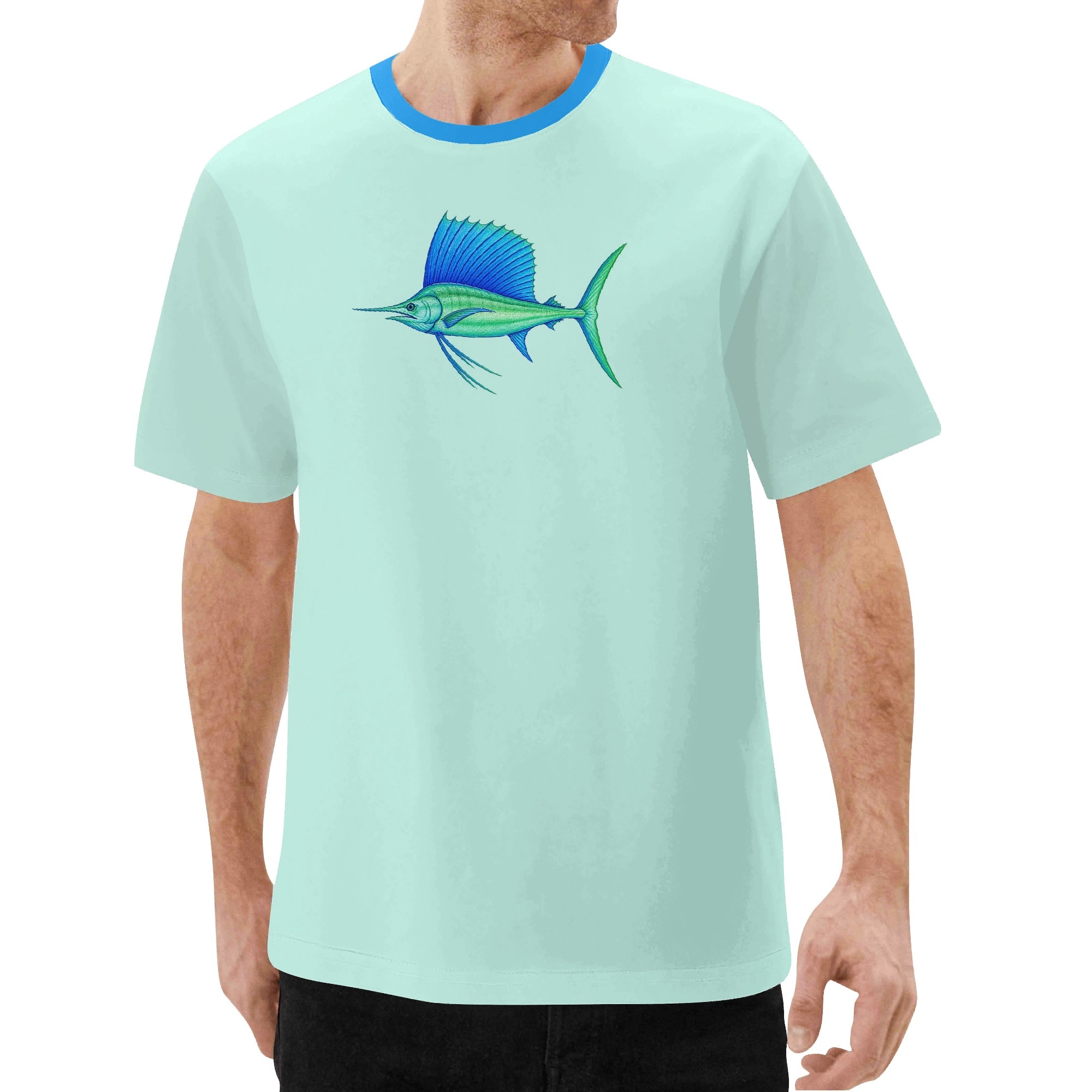 T-shirt with a blue sailfish print on the front and back