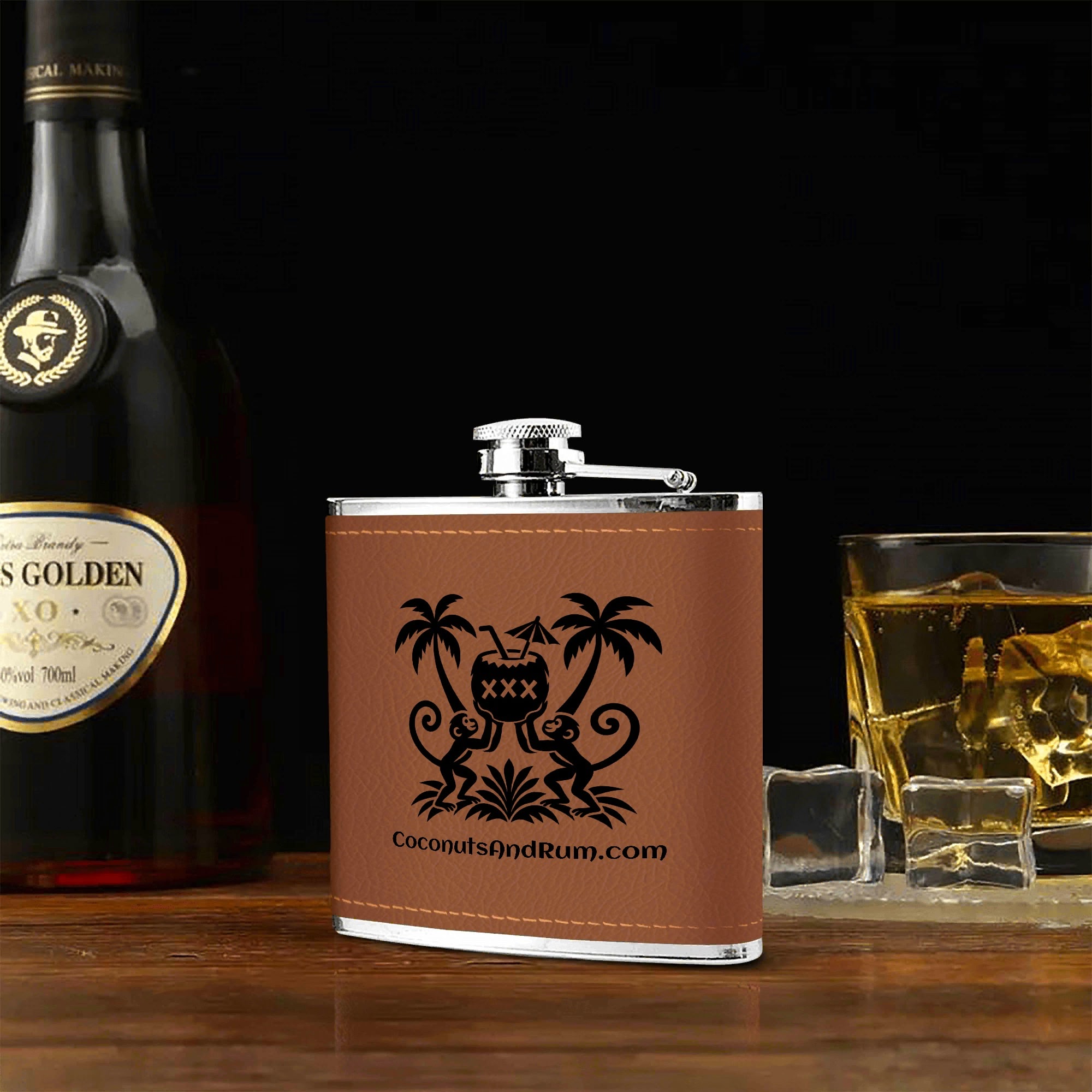 Brown leatherette-wrapped flask with the CoconutsAndRum 2 Monkeys design